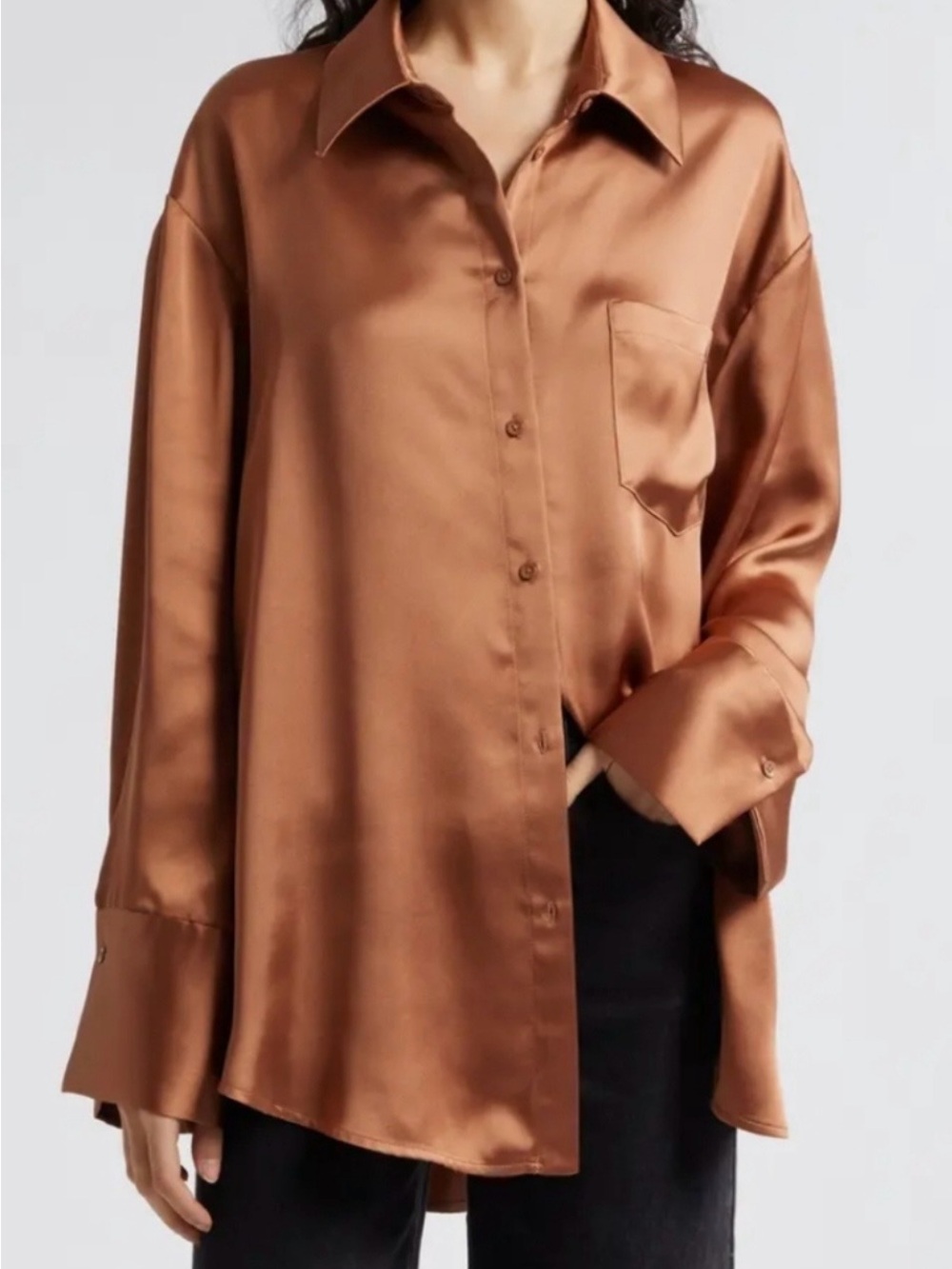 NWT Gorgeous Alice + Olivia Copper Satin Button-Down Blouse Sz M MSRP $250